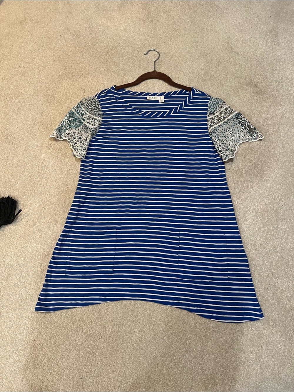 Blue & White Striped Top with Lace Sleeves